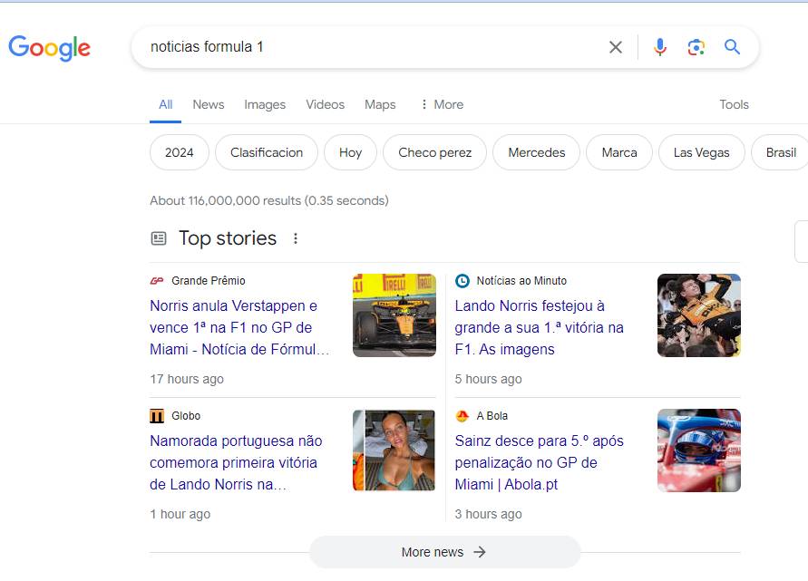 Exemplo Widget Notícias na SERP da Google